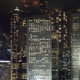 View of city skyline at night