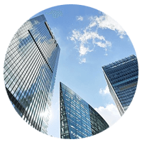 Modern business skyline with blue sky and clouds in backdrop