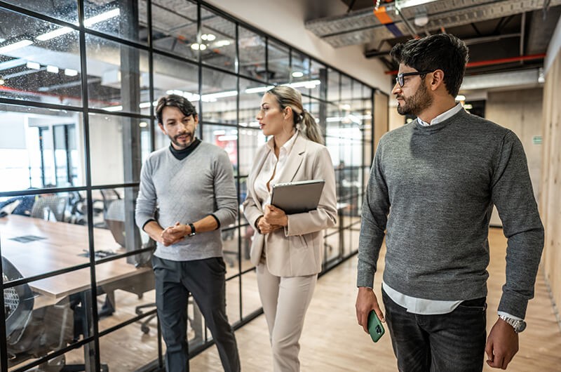 Distinguished Technologists team have discussion with client in modern office