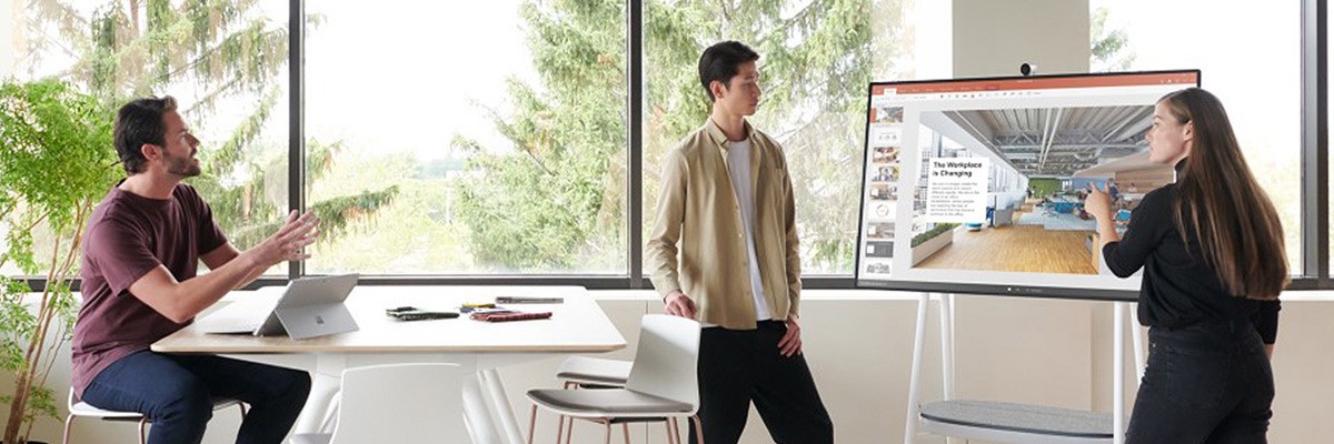 Team collaborating with Surface Hub 2