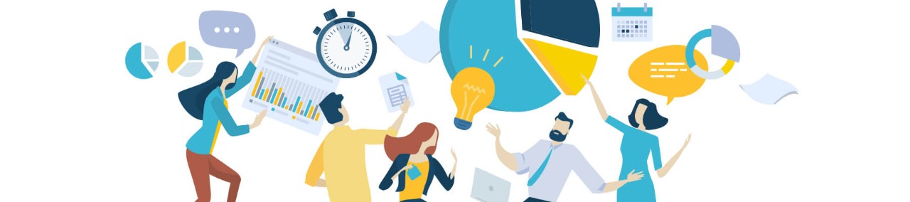 Illustrated concept of a team working through a deadline