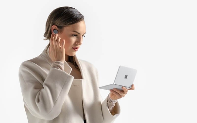 Female using Surface Duo